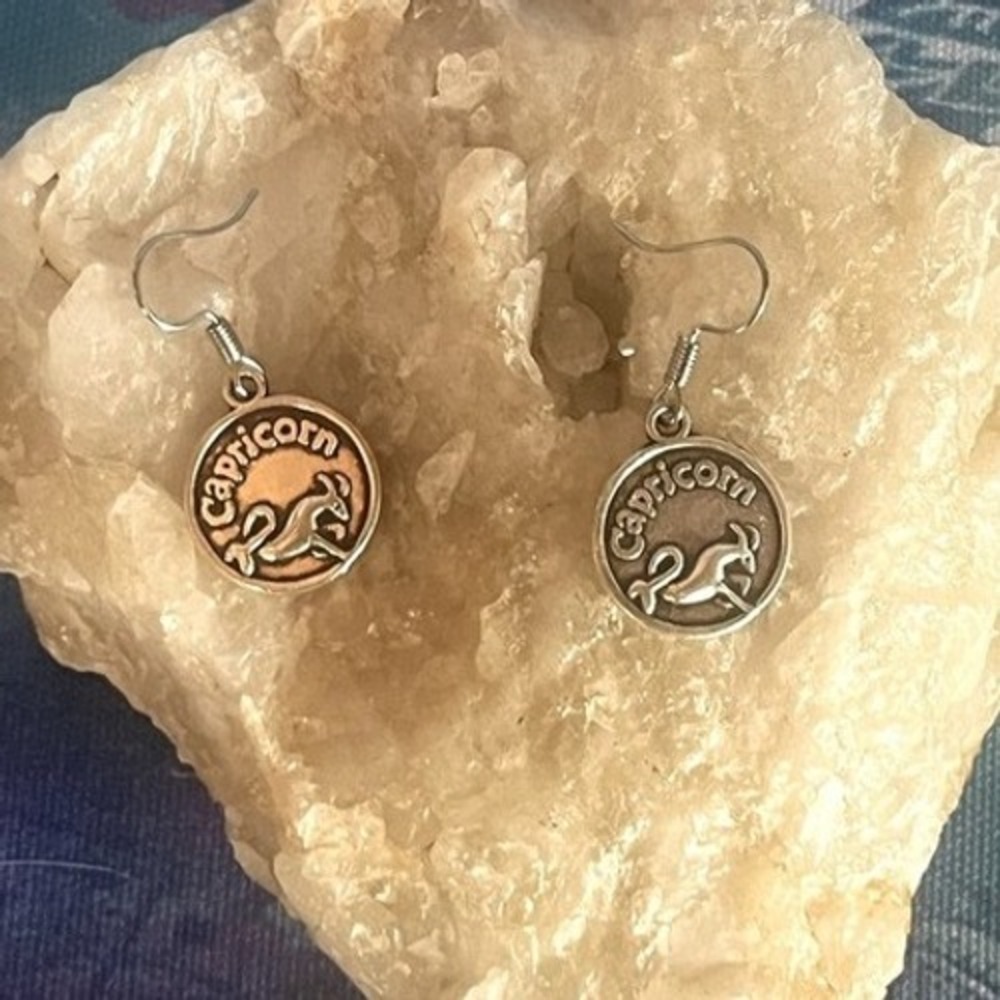Antique Silver Capricorn Goat Zodiac Sign Stamped Metal Earrings-Boho -Gift -New - Picture 1 of 11